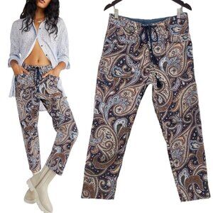 Free People City Slouch Printed Cropped Pants Sz. XS Blue Corduroy Boho Paisley